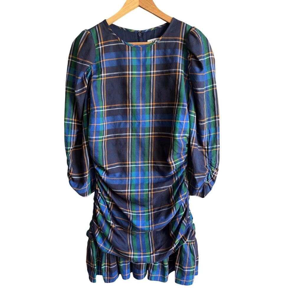 Tanya Taylor Raven Ruched Mini Dress Blue Plaid 6